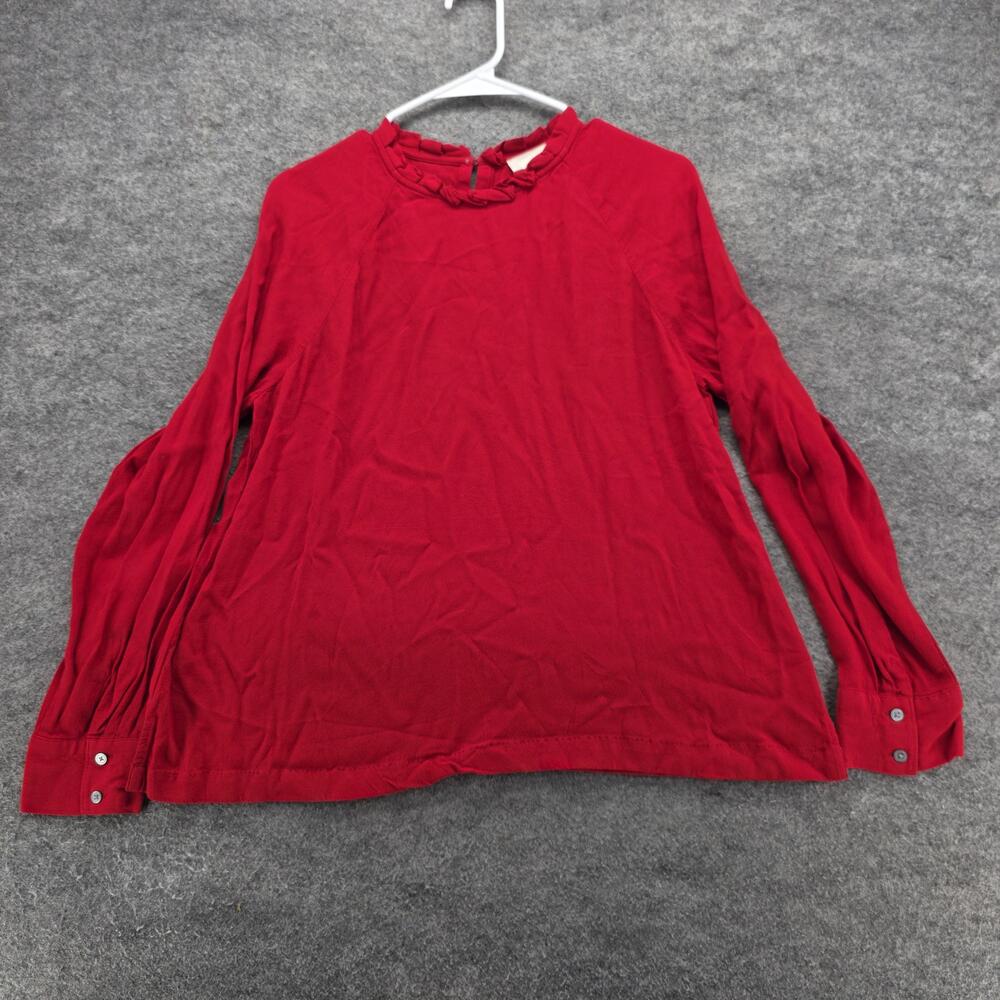 LOFT Blouse Womens Medium Long Sleeve Ruffle Neck Keyhole Button Back Rayon Top